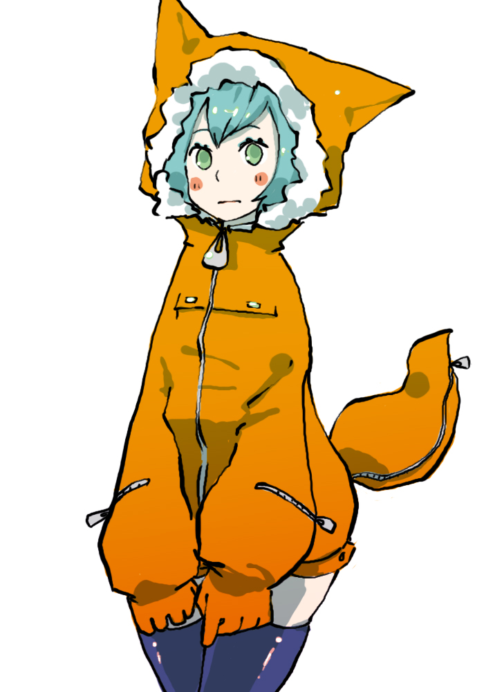 bad_id, blue_hair, green_eyes, hood, kujira, original, tail, thigh-highs