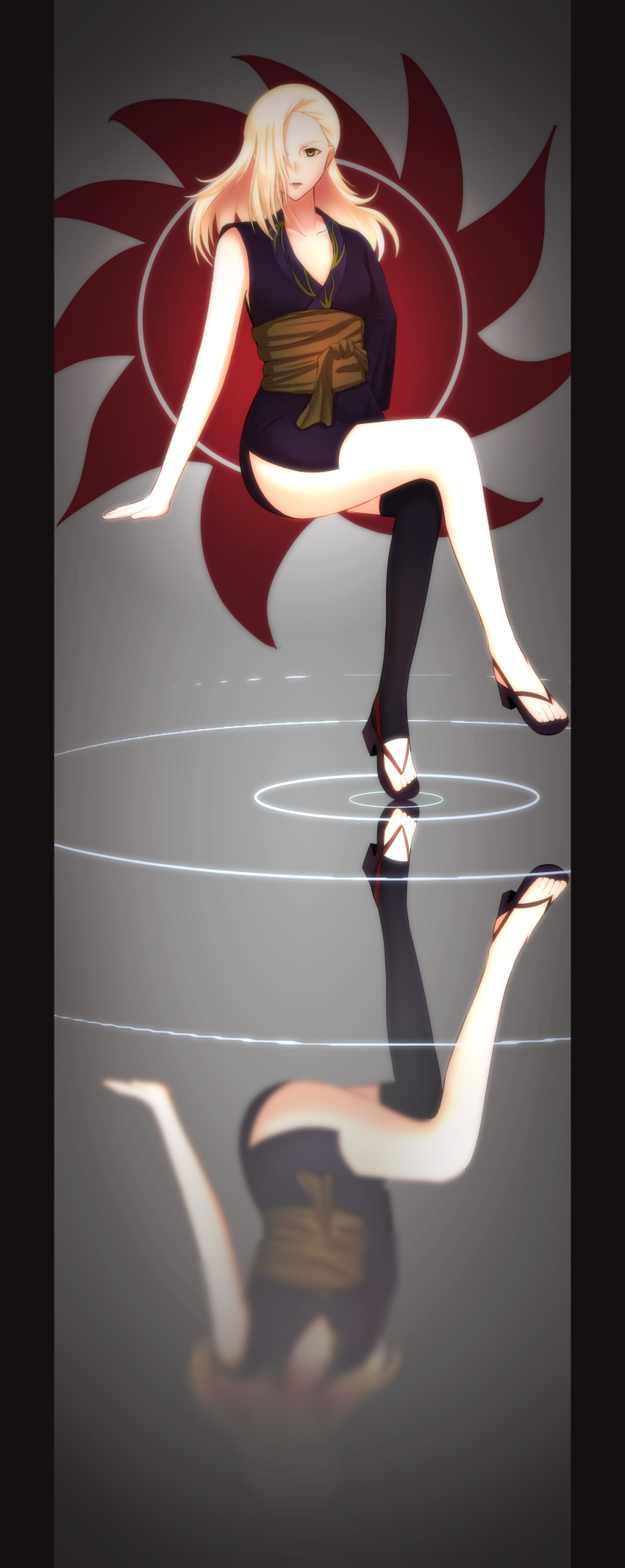 1girl, absurdres, black_legwear, blade_of_the_immortal, blonde_hair, collarbone, floating_hair, full_body