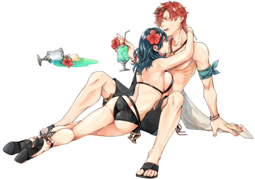 1boy, 1girl, ass, bikini, black_bikini, blue_eyes, blue_hair, breast_press