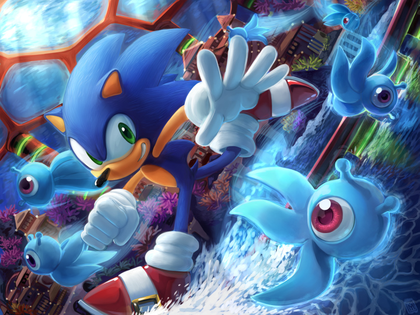 1boy, animal_ears, arms_up, blue_hair, clenched_hand, commentary_request, coral, dutch_angle