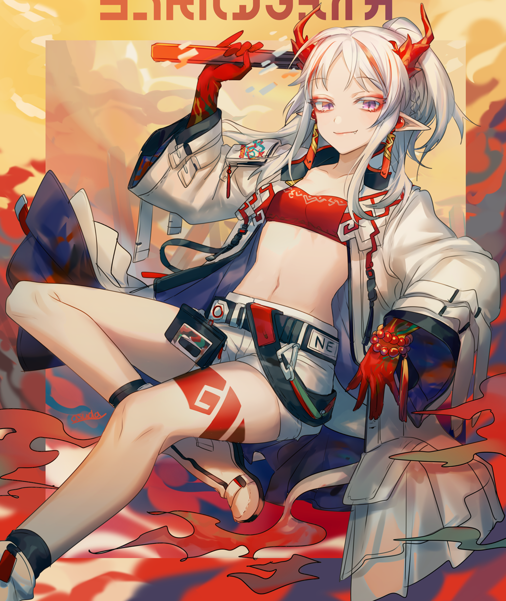 1girl, arknights, arm_up, asuda, bandeau, bangs, bare_legs, bead_bracelet