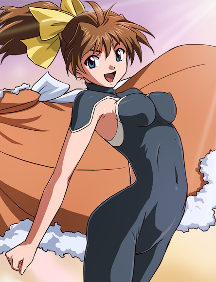 bodysuit, brown_hair, erect_nipples, haruyama, jumping, lycra, metal_fighter_miku, miku_(metal_fighter_miku)