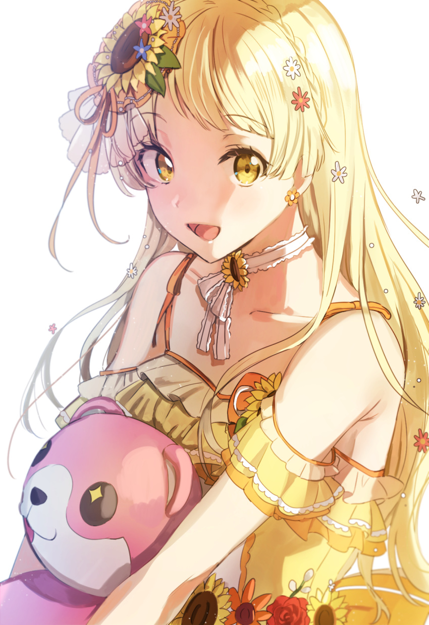 1girl, :d, bang_dream!, bangs, bare_shoulders, blonde_hair, blue_flower, braid