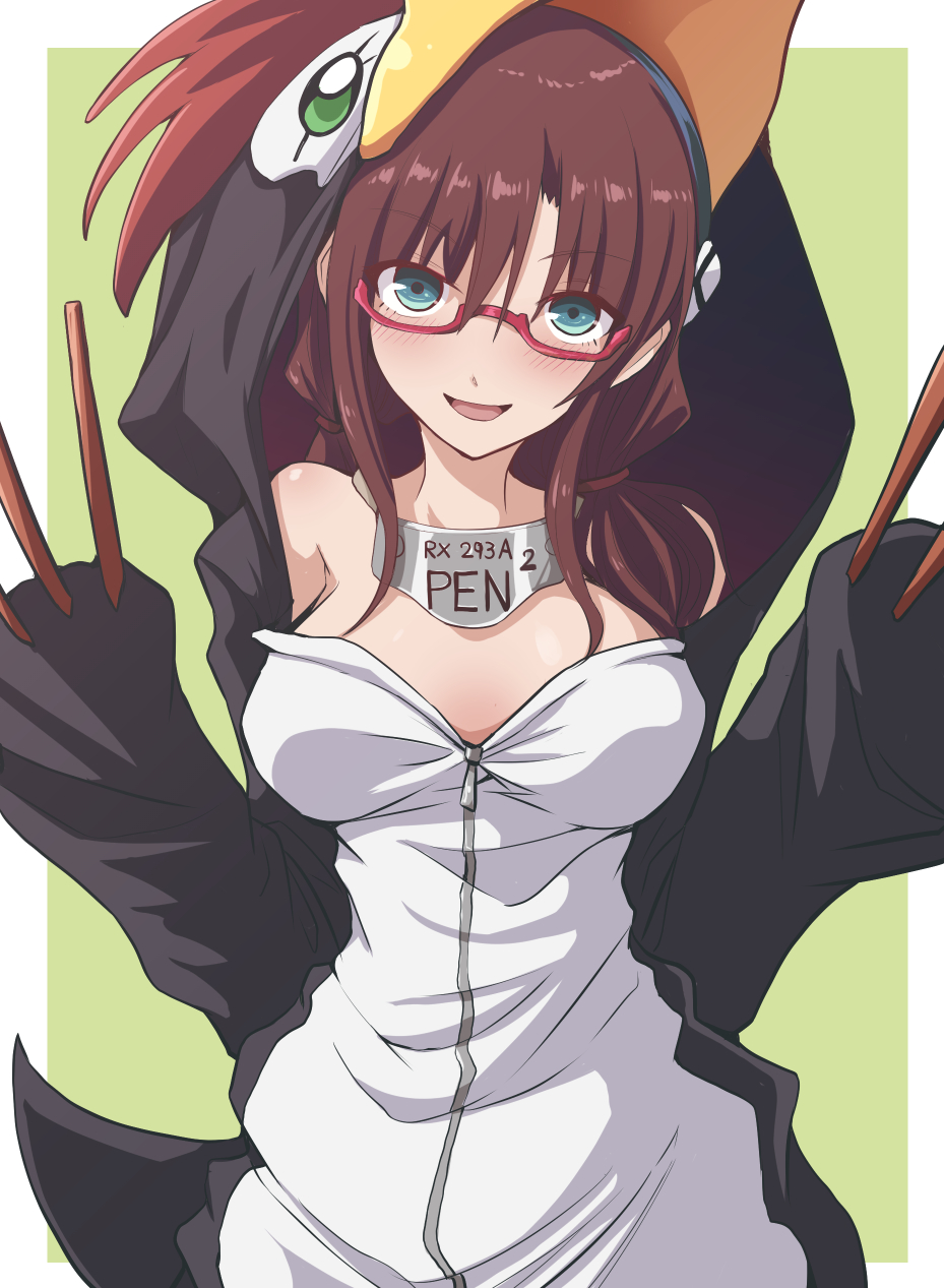 1girl, animal_costume, blush, breasts, brown_hair, collar, commentary_request, cosplay