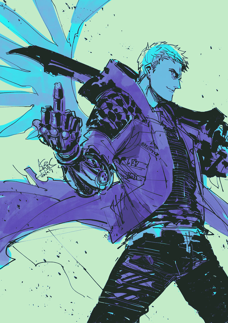 1boy, akagishi_k, blue_theme, closed_mouth, coat, dated, devil_may_cry, devil_may_cry_(series)