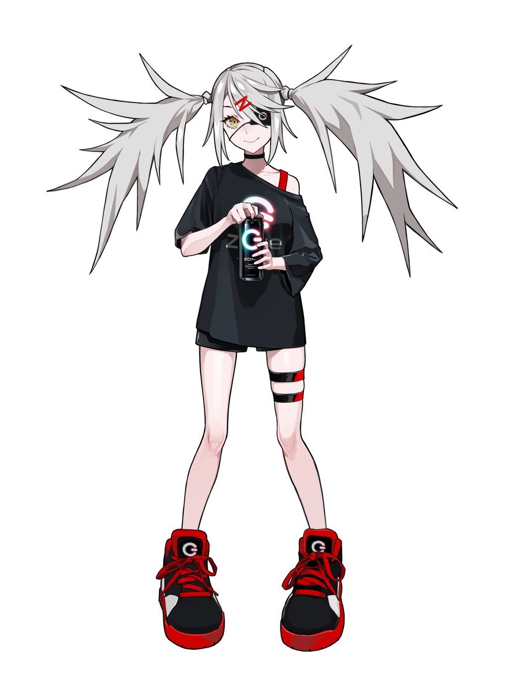 1girl, bare_shoulders, black_choker, black_eyepatch, black_footwear, can, choker, closed_mouth