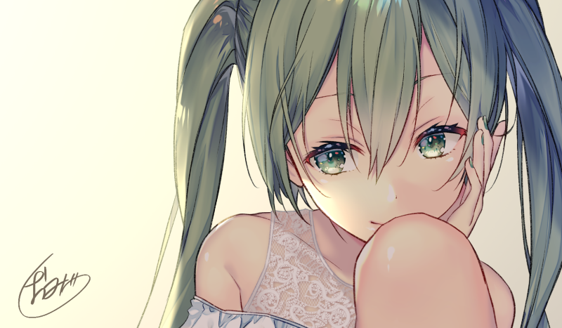 1girl, bare_shoulders, collarbone, commentary, green_eyes, green_hair, green_nails, half-closed_eyes