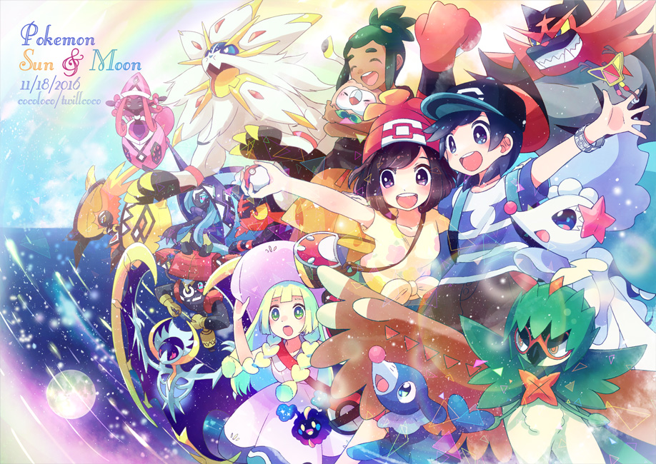 2boys, 2girls, artist_name, bag, bangs, baseball_cap, black_hair, blonde_hair