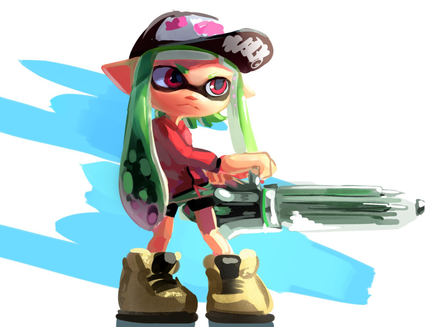 1girl, ballpoint_splatling_(splatoon), baseball_cap, bike_shorts, black_headwear, blue_background, brown_footwear, closed_mouth