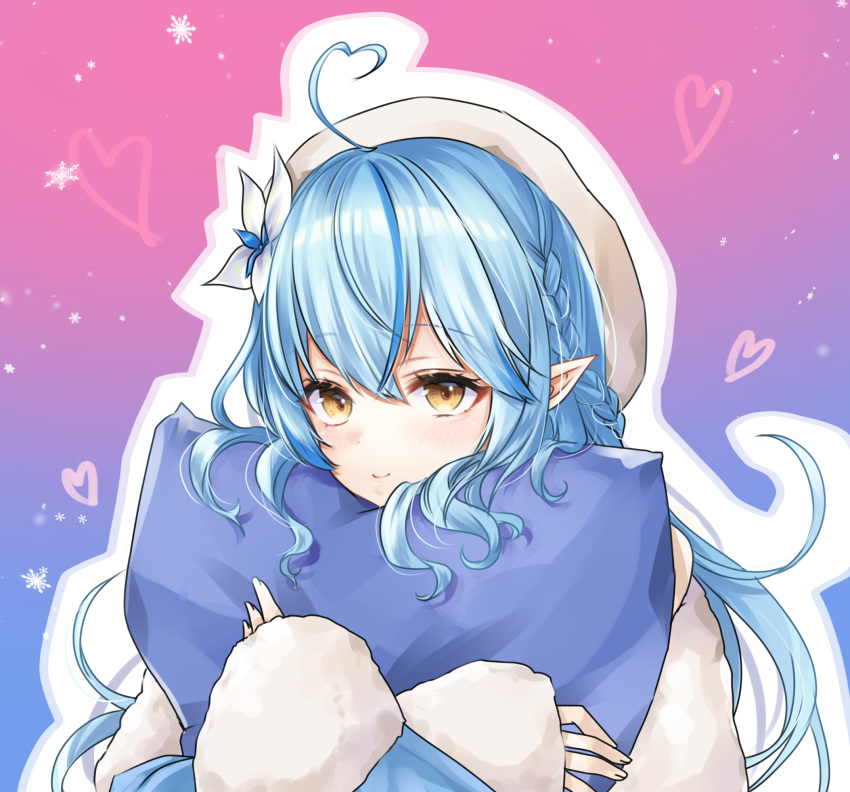 1girl, ahoge, beret, blue_background, blue_hair, blush, commentary_request, eyebrows_visible_through_hair