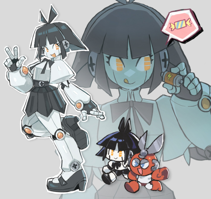1boy, 1girl, bangs, battery, black_bow, black_hair, black_ribbon, blunt_bangs, bow, chibi, closed_mouth, cutman, highres, jetopyon, looking_at_another, looking_at_viewer, mega_man_(classic), mega_man_(series), open_mouth, orange_eyes, original, ribbon, robot, rockman, rockman_(classic), rockman_1, short_hair, sidelocks, smile, speech_bubble, tongue, tongue_out