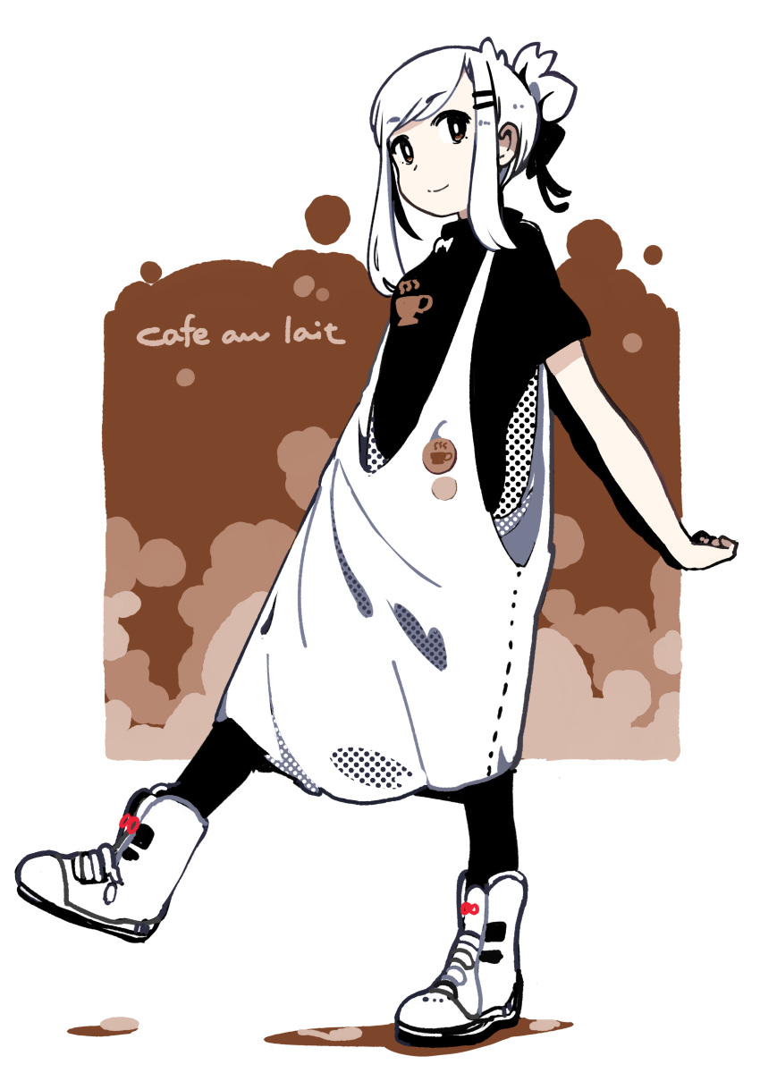 1girl, absurdres, apron, badge, black_legwear, black_ribbon, black_shirt, brown_eyes