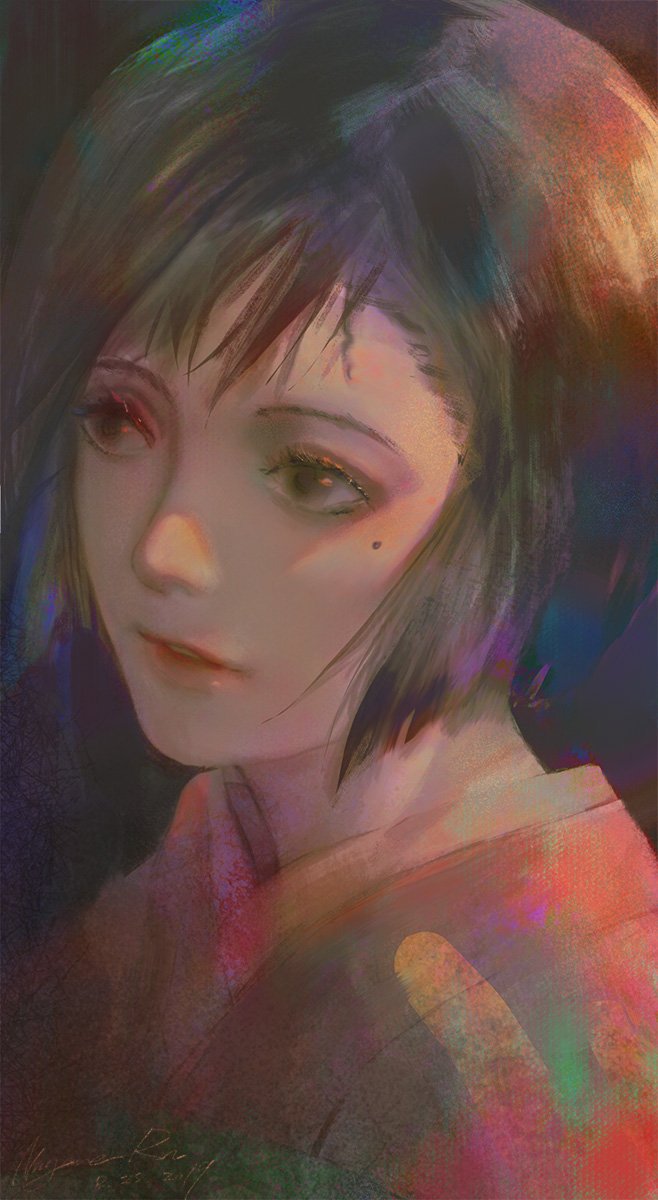 1girl, black_hair, brown_eyes, fujiwara_chiyoko, highres, japanese_clothes, kimono, mole