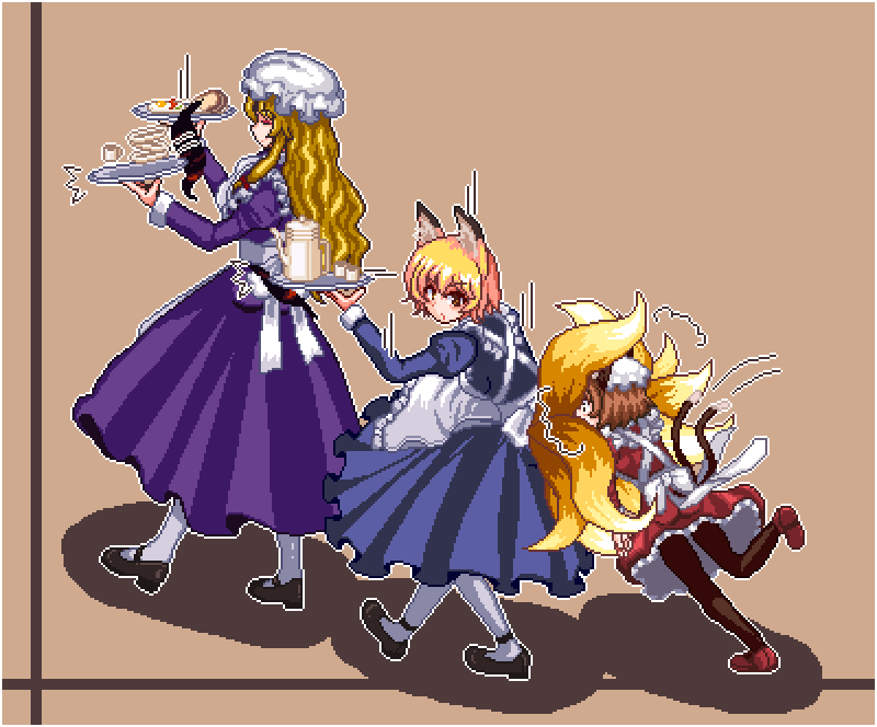/\/\/\, 3girls, alternate_costume, animal_ears, apron, black_footwear, black_legwear, blonde_hair