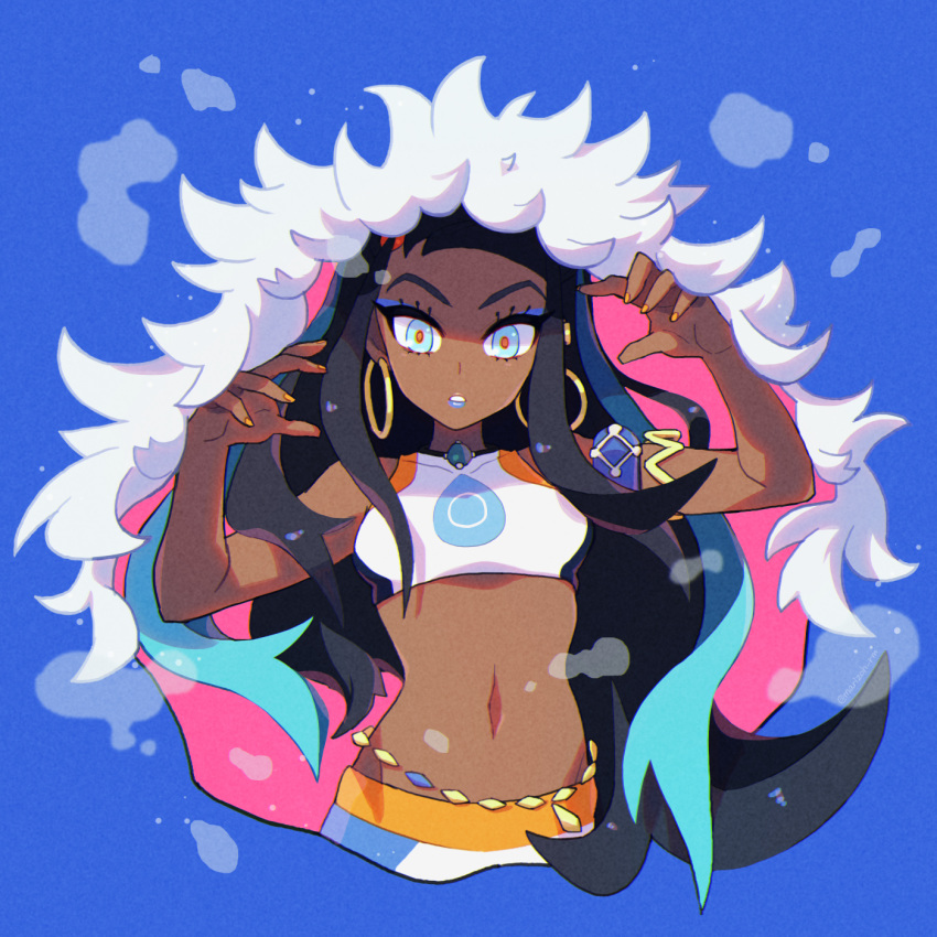 1girl, armlet, belly_chain, black_hair, blue_eyes, blue_hair, blue_lips, dark_skin