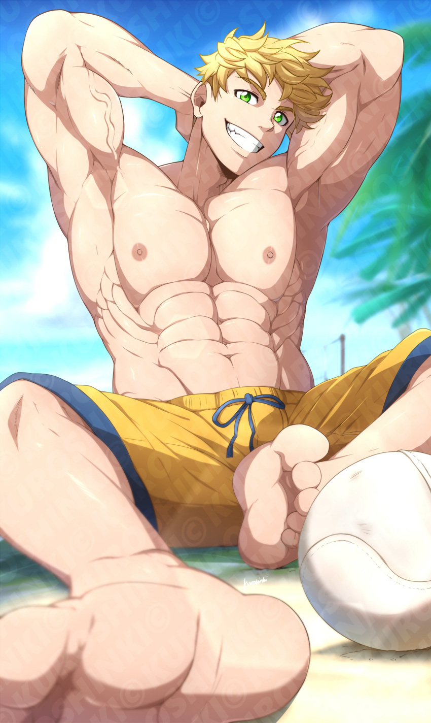 1boy, abs, absurdres, arms_behind_head, artofkuroshinki, bangs, bara, blonde_hair, bulge, chest, feet, full_body, granblue_fantasy, green_eyes, highres, looking_at_viewer, male_focus, muscle, nipples, pectorals, shirtless, shorts, smile, solo, toned, toned_male, vane_(granblue_fantasy)