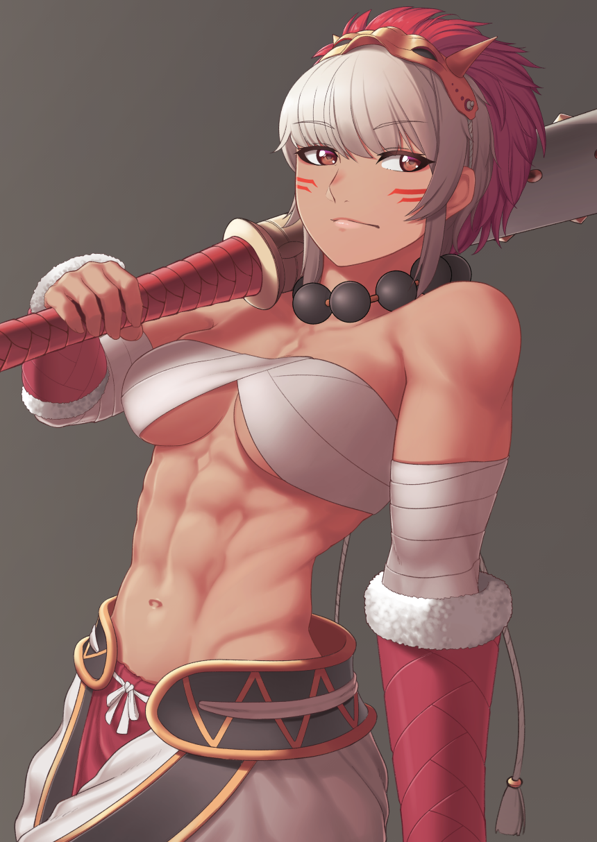 1girl, abs, bandaged_arm, bandages, bangs, bare_shoulders, bead_necklace, beads