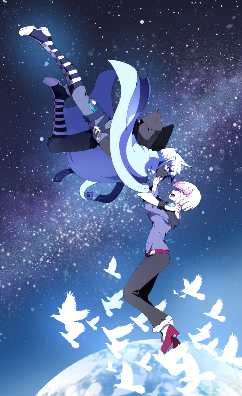 1boy, 1girl, absurdres, bangs, bird, blonde_hair, breasts, byakko_(shinkalion)