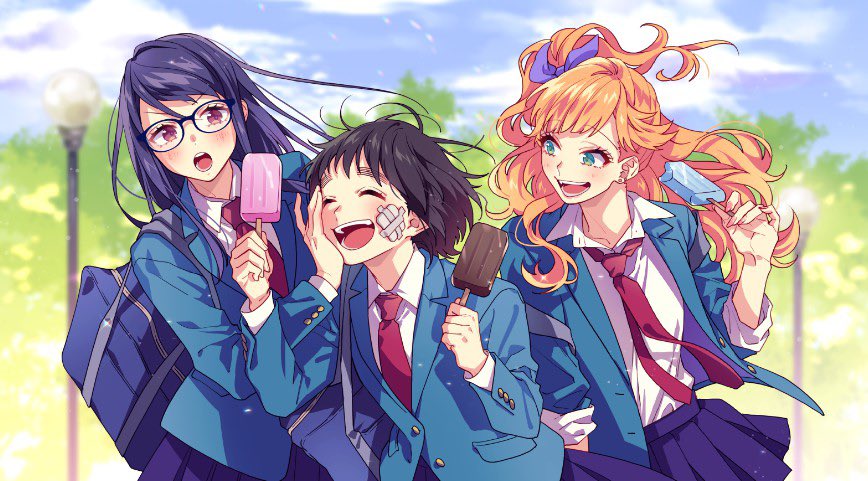 3girls, :d, bag, bandage_on_face, bangs, black_hair, blue_jacket, blue_skirt