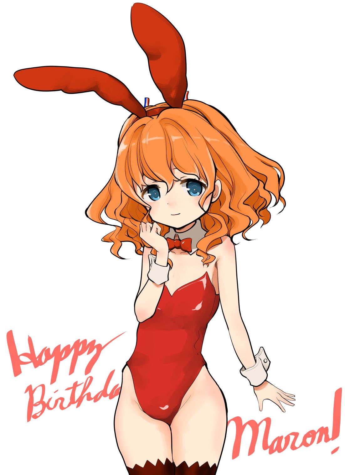 1girl, animal_ears, blue_eyes, bow, bowtie, brown_legwear, bunnysuit, character_name