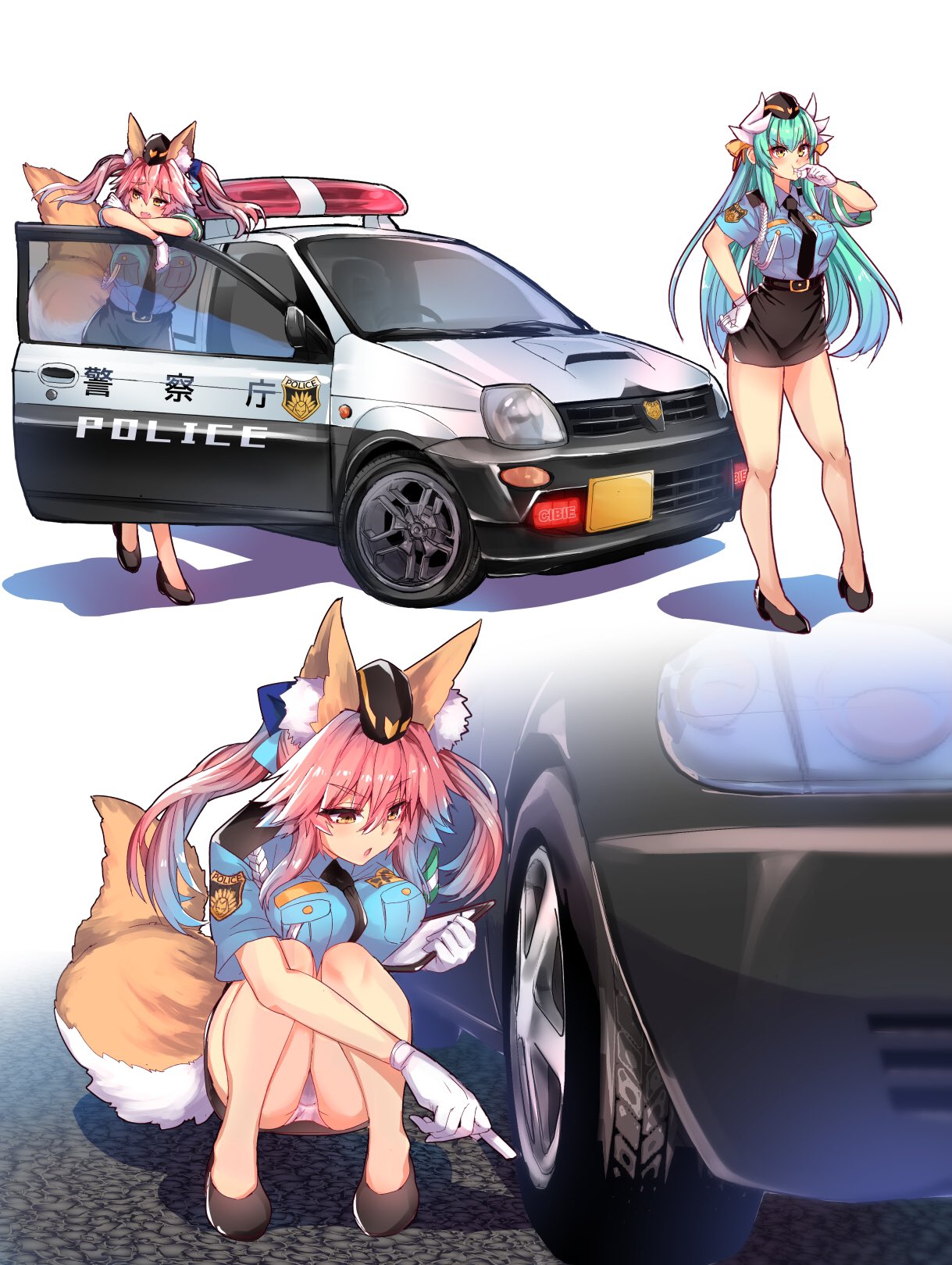 alternate_costume, animal_ear_fluff, animal_ears, aqua_hair, breasts, car, dragon_girl, dragon_horns