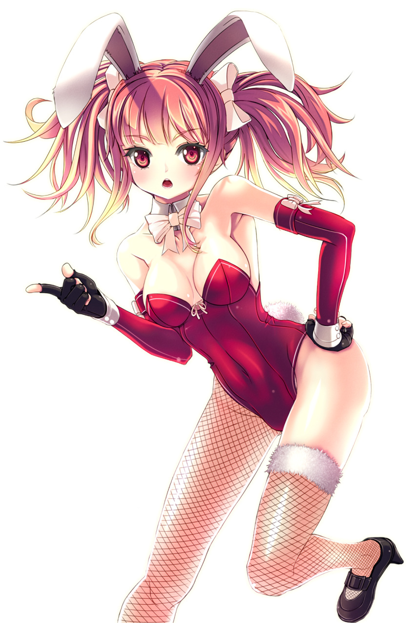 1girl, :o, animal_ears, breasts, bunny_girl, bunny_tail, bunnysuit, elbow_gloves, fingerless_gloves, fishnets, gloves, hair_ribbon, hand_on_hip, highres, leotard, looking_at_viewer, medium_breasts, mismatched_legwear, official_art, open_mouth, orange_hair, rabbit_ears, reason_(ficafe), red_eyes, red_leotard, resized, ribbon, scarlet_(soccer_spirits), soccer_spirits, tail, thigh-highs, twintails, upscaled, white_ribbon