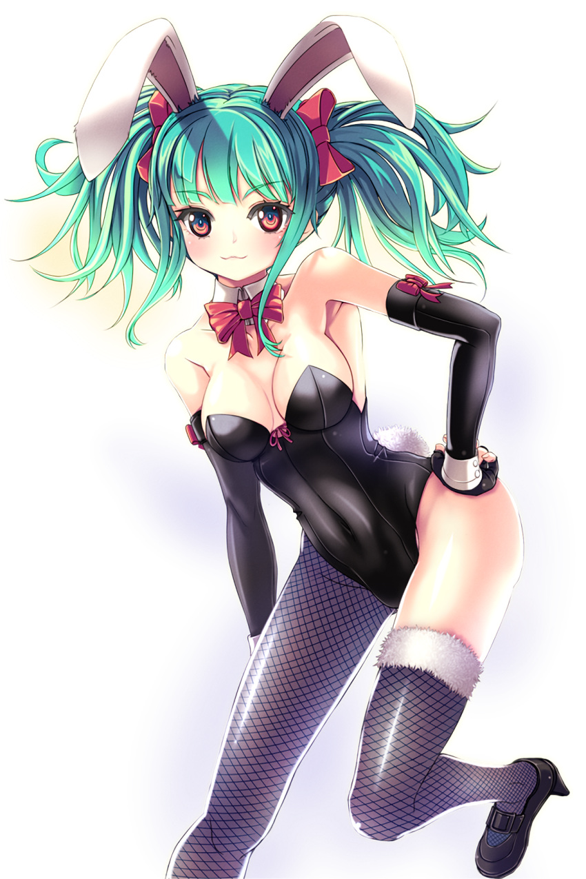 1girl, animal_ears, aqua_hair, armpits, bare_shoulders, black_leotard, breasts, bunny_girl