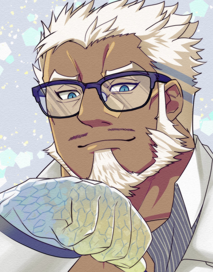 1boy, aegir_(tokyo_houkago_summoners), alternate_costume, beard, chest, close-up, dark_skin, dark_skinned_male, earrings, facial_hair, glasses, highres, jewelry, looking_at_viewer, male_focus, open_clothes, ramusyutarou, shirt, solo, tokyo_houkago_summoners, white_hair