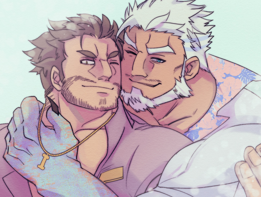 aegir_(tokyo_houkago_summoners), bara, beard, blue_eyes, brown_eyes, couple, dagon_(tokyo_houkago_summoners), dark_skin