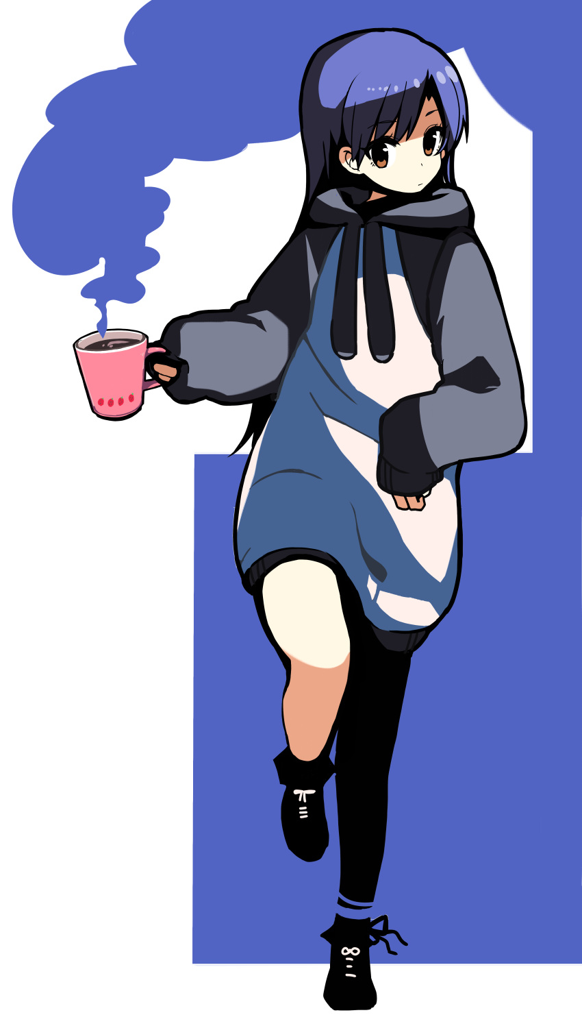 1girl, absurdres, baggy_clothes, black_footwear, blue_hair, brown_eyes, closed_mouth, coffee, coffee_mug, commentary_request, cup, full_body, highres, holding, holding_cup, hood, hoodie, idolmaster, idolmaster_(classic), kisaragi_chihaya, kurumitsu, long_hair, mug, shoes, sleeves_past_wrists, solo, standing, standing_on_one_leg, steam, two-tone_background