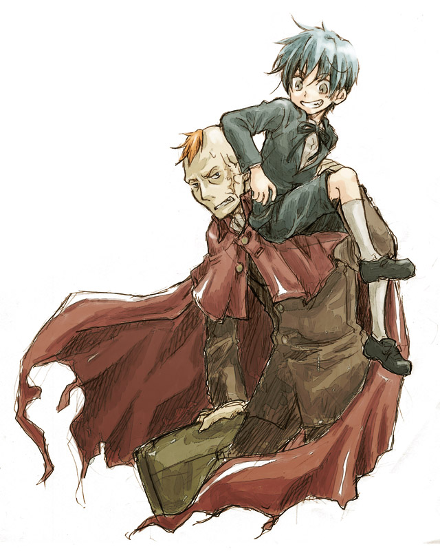 2boys, black_hair, cape, capelet, darren_shan, formal, grin, kobutya4696