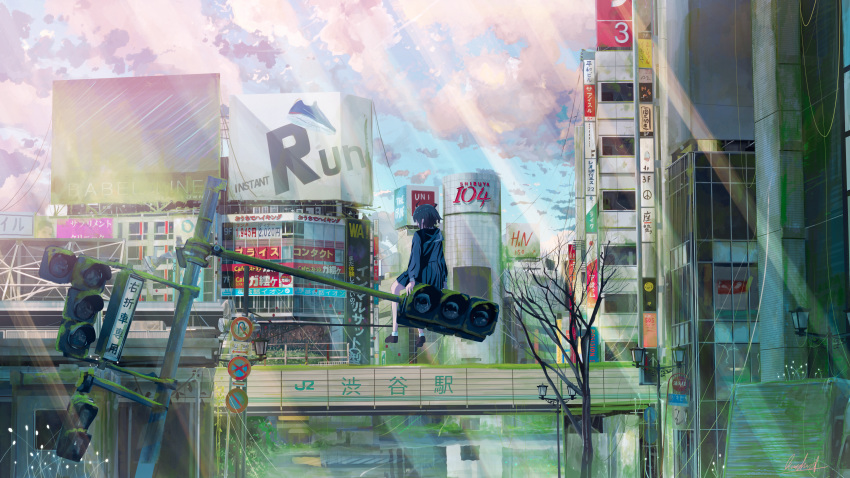 1girl, absurdres, ahoge, ankle_socks, banishment, bare_tree, black_hair, bridge, building, city, clouds, commentary, highres, huge_filesize, japan_railways, lamppost, light_rays, loafers, original, outdoors, overgrown, post-apocalypse, power_lines, real_world_location, road_sign, scenery, school_uniform, serafuku, shibuya_(tokyo), shibuya_109, shibuya_station, shoes, short_hair, sign, sitting, sky, solo, sunlight, tokyo_(city), traffic_light, tree
