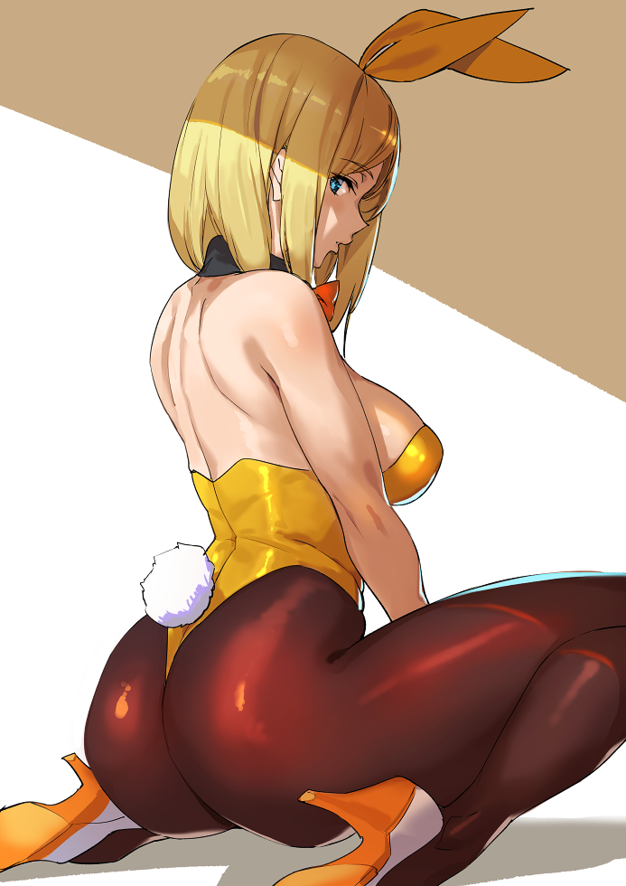 1girl, animal_ears, ashiomi_masato, blonde_hair, blue_eyes, brown_legwear, bunny_girl, bunny_tail