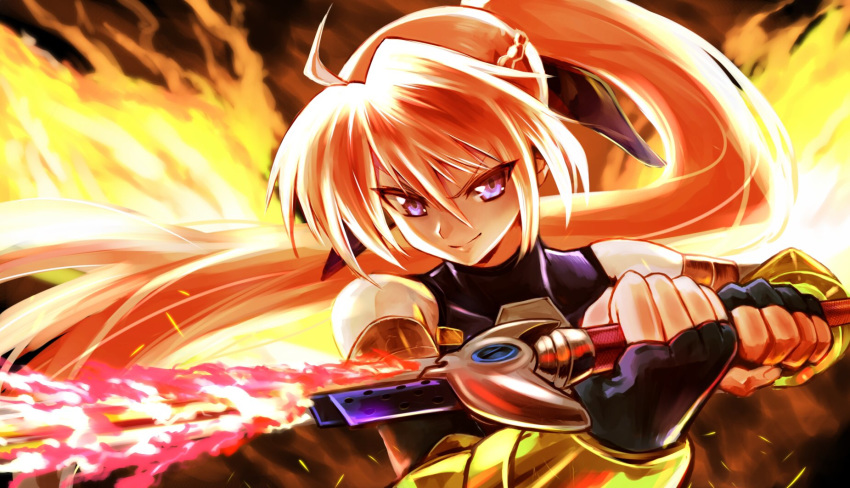 1girl, agito_(fusion), ahoge, bangs, black_gloves, black_ribbon, black_shirt, bracelet