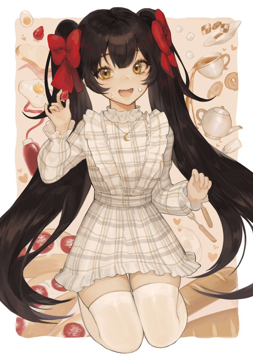 1girl, :d, absurdres, black_hair, border, crescent_necklace, cup, dress