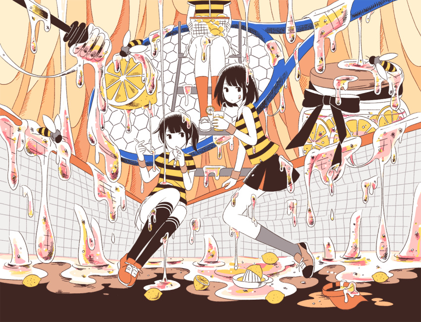3girls, basket, bee, black_eyes, black_hair, black_legwear, black_ribbon, black_skirt
