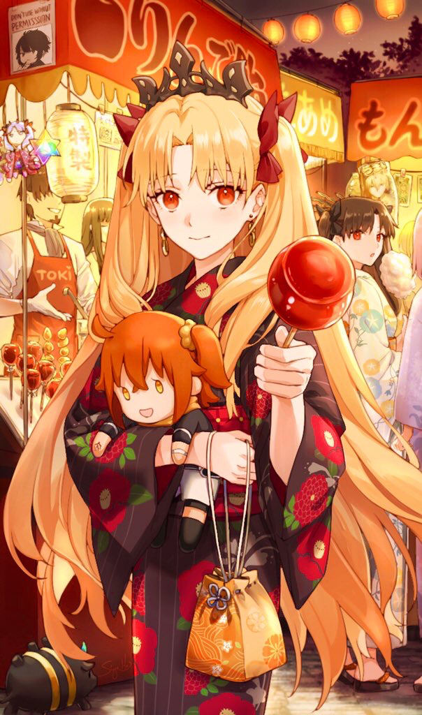 1boy, 4girls, alternate_costume, bangs, blonde_hair, blush, breasts, candy_apple
