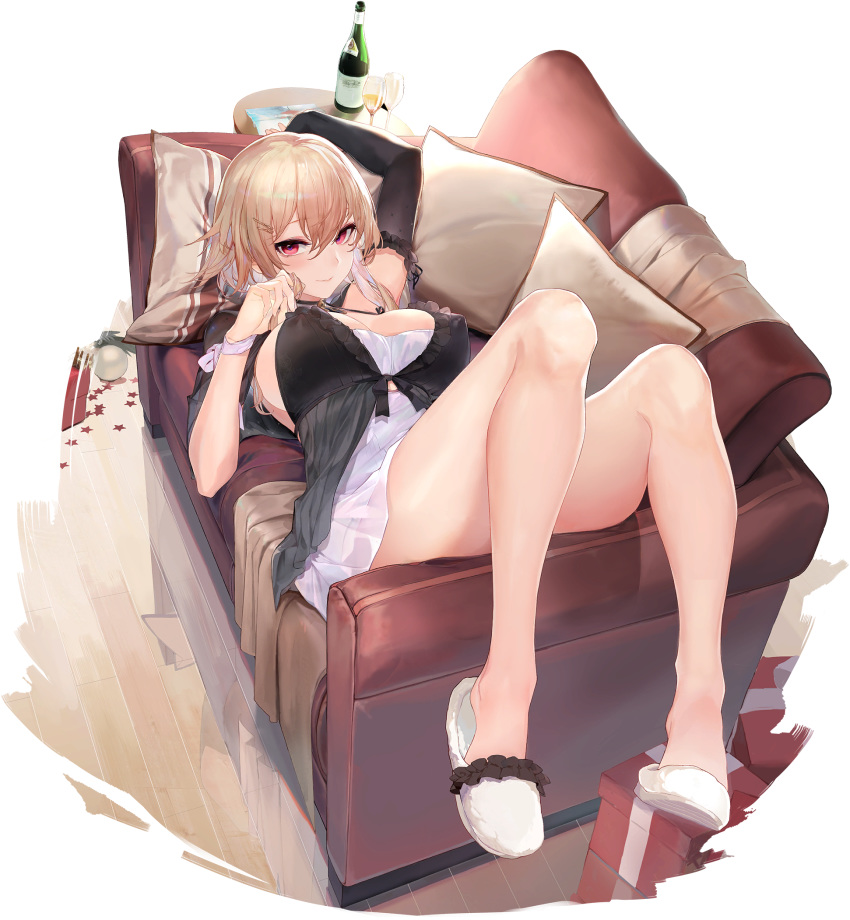 1girl, alternate_costume, arm_up, babydoll, blonde_hair, blue_oath, blush, bottle
