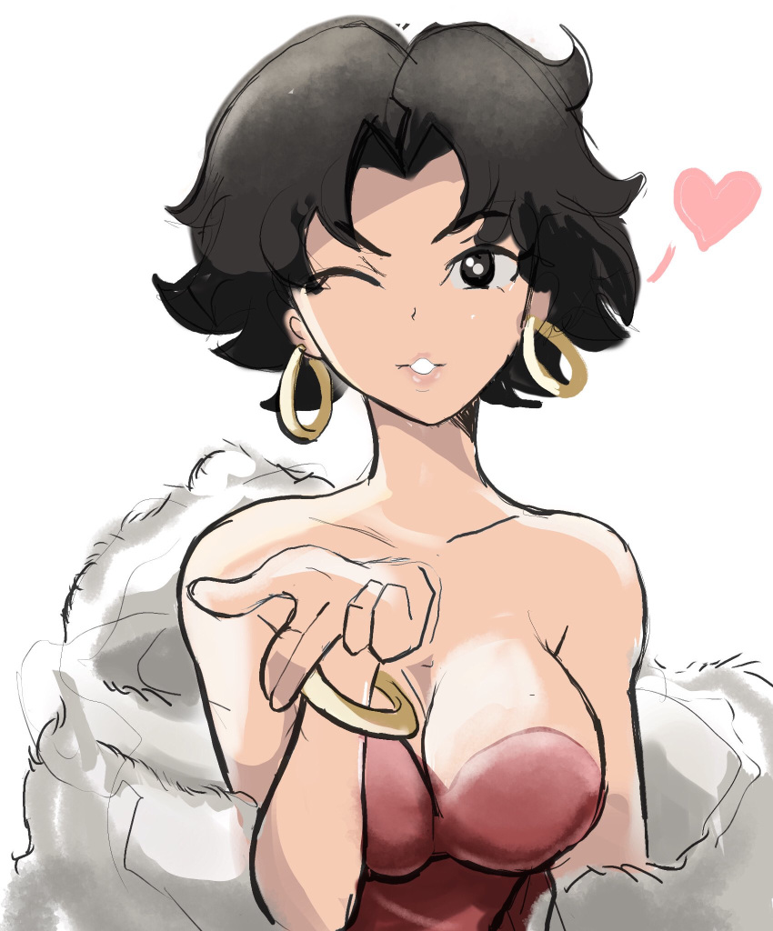 1girl, betty_boop, betty_boop_(character), black_eyes, black_hair, breasts, coat, earrings
