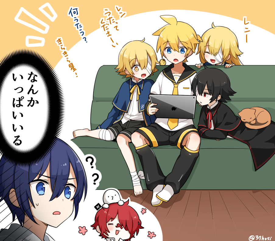 1girl, 5boys, =_=, arm_warmers, bandage_over_one_eye, bandaged_foot, bandaged_leg, bandages