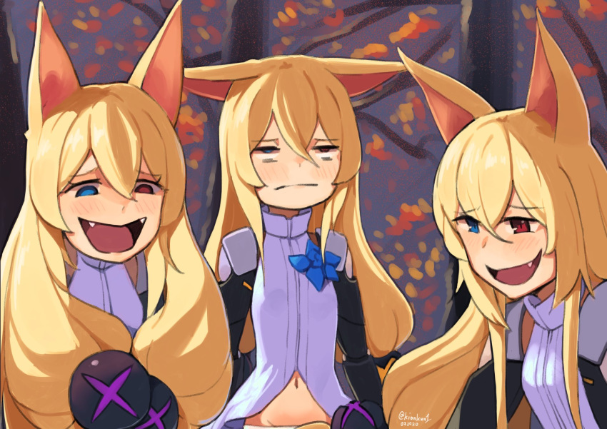 3girls, animal_ears, autumn_leaves, bangs, blonde_hair, blue_eyes, clone, commentary