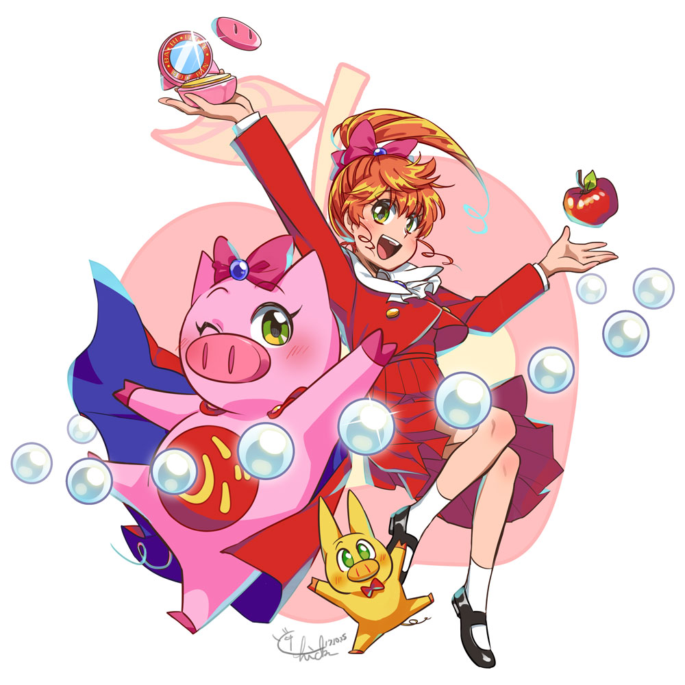 1boy, 1girl, apple, bow, buurin_(tonde_buurin), cape, covered_navel, dual_persona