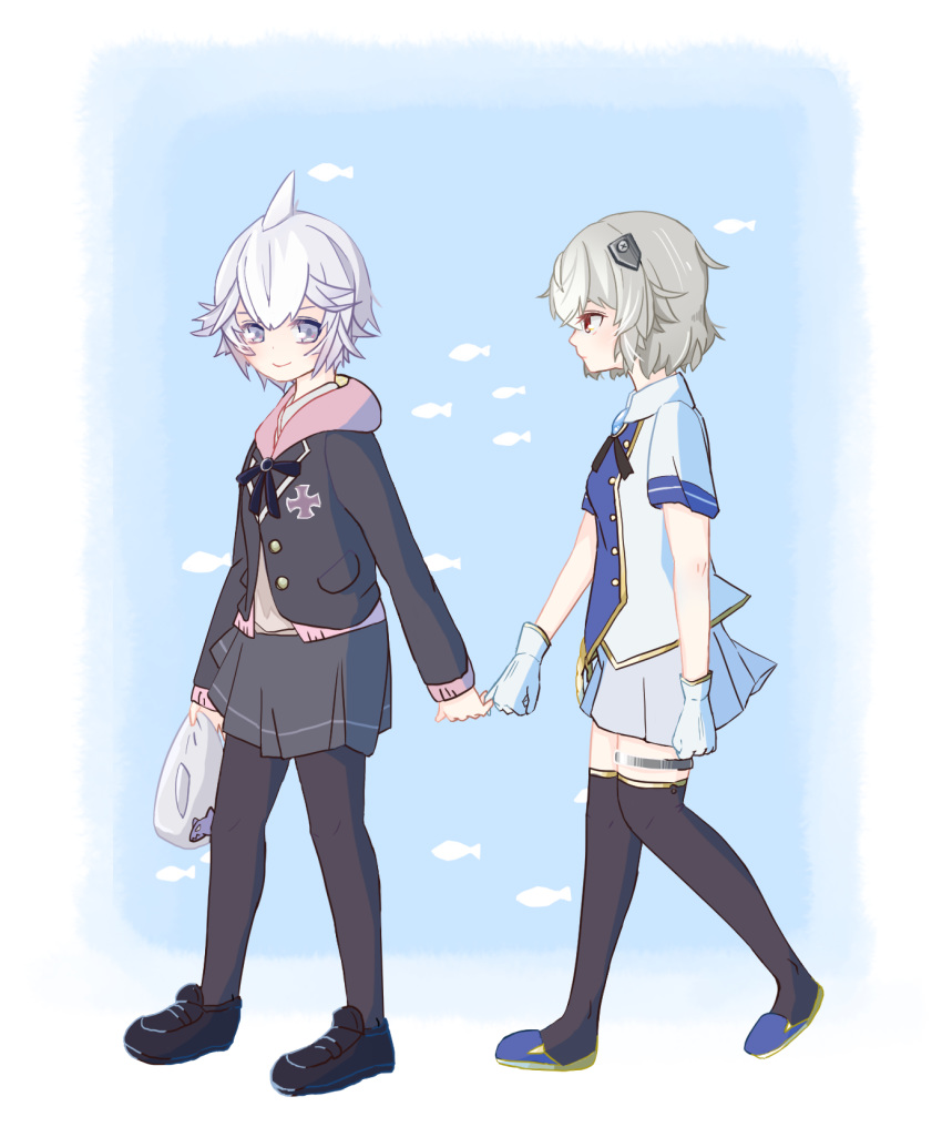 2girls, ahoge, azur_lane, bangs, beret, black_footwear, black_jacket, black_legwear
