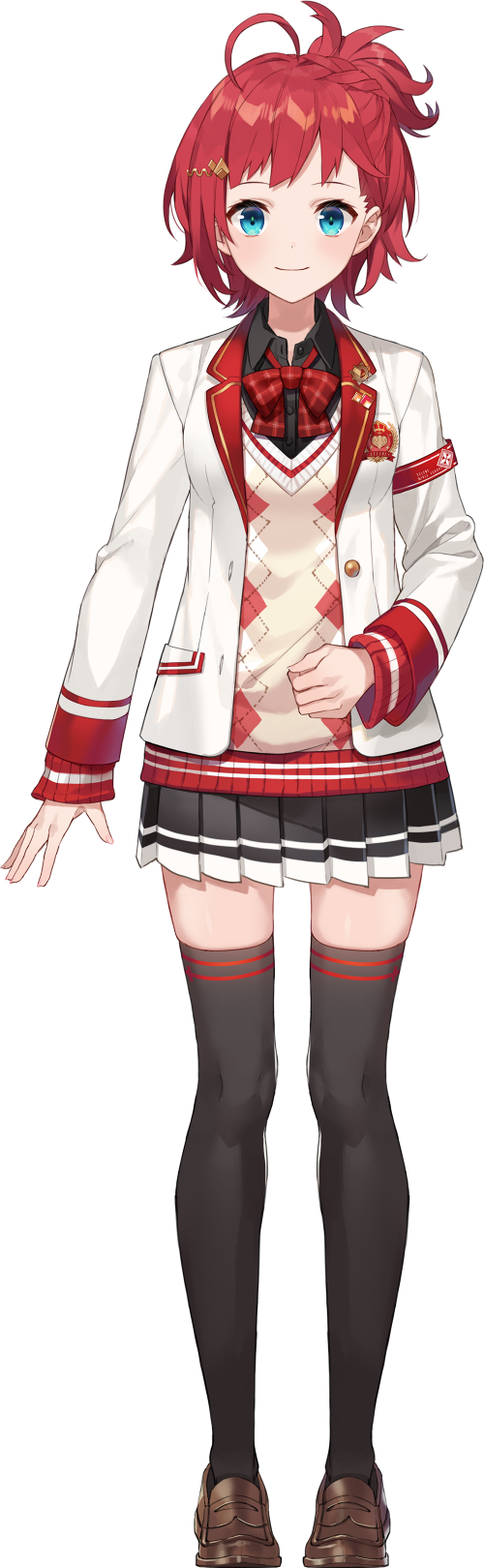 1girl, ahoge, argyle_cardigan, armband, asahina_akane_(nijisanji), bangs, black_legwear, black_shirt