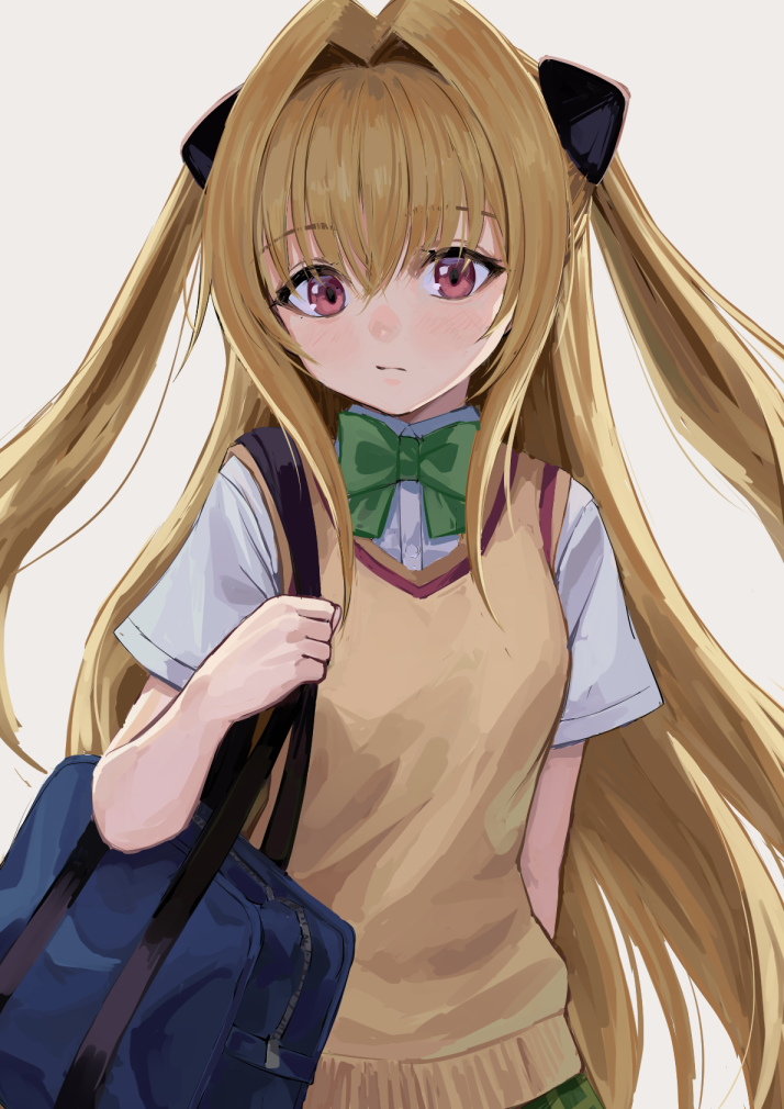 1girl, atsuyah0310, bag, bangs, blonde_hair, closed_mouth, dress_shirt, eyebrows_visible_through_hair