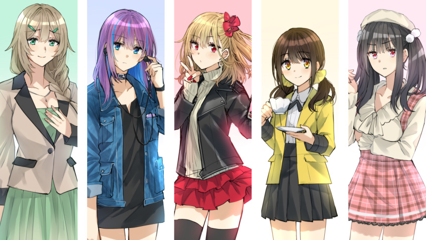 5girls, black_hair, black_skirt, blue_eyes, blue_hair, blue_jacket, brown_hair, collar