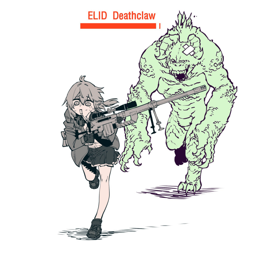 1girl, bandages, bangs, bolt_action, cheytac_m200, crossover, deathclaw, fallout