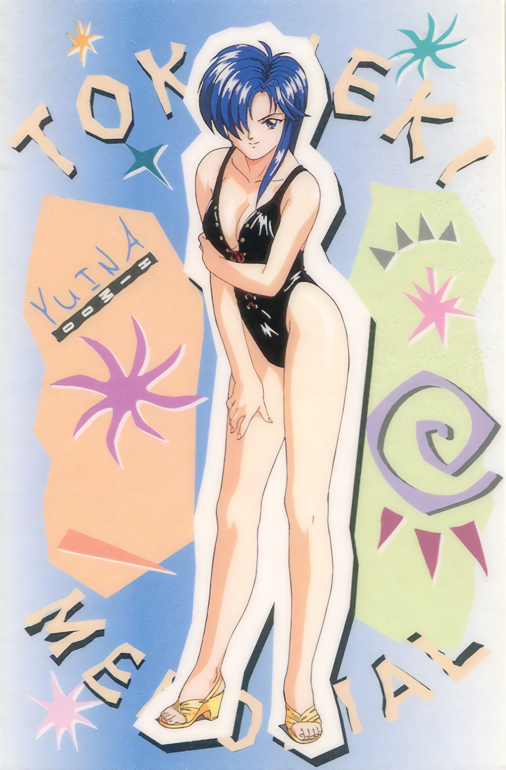 1990s_(style), 1girl, arm_grab, black_swimsuit, blue_eyes, blue_hair, character_name, copyright_name, full_body, hair_over_one_eye, high_heels, himoo_yuina, kokura_masashi, long_hair, official_art, one-piece_swimsuit, sandals, smile, solo, standing, swimsuit, tokimeki_memorial, tokimeki_memorial_1