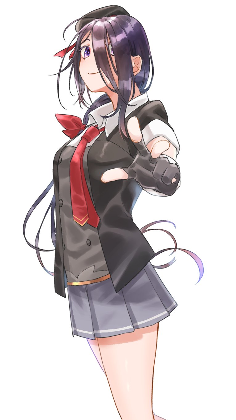 1girl, ariake_(kantai_collection), black_gloves, black_hair, black_headwear, collared_shirt, cowboy_shot, fingerless_gloves