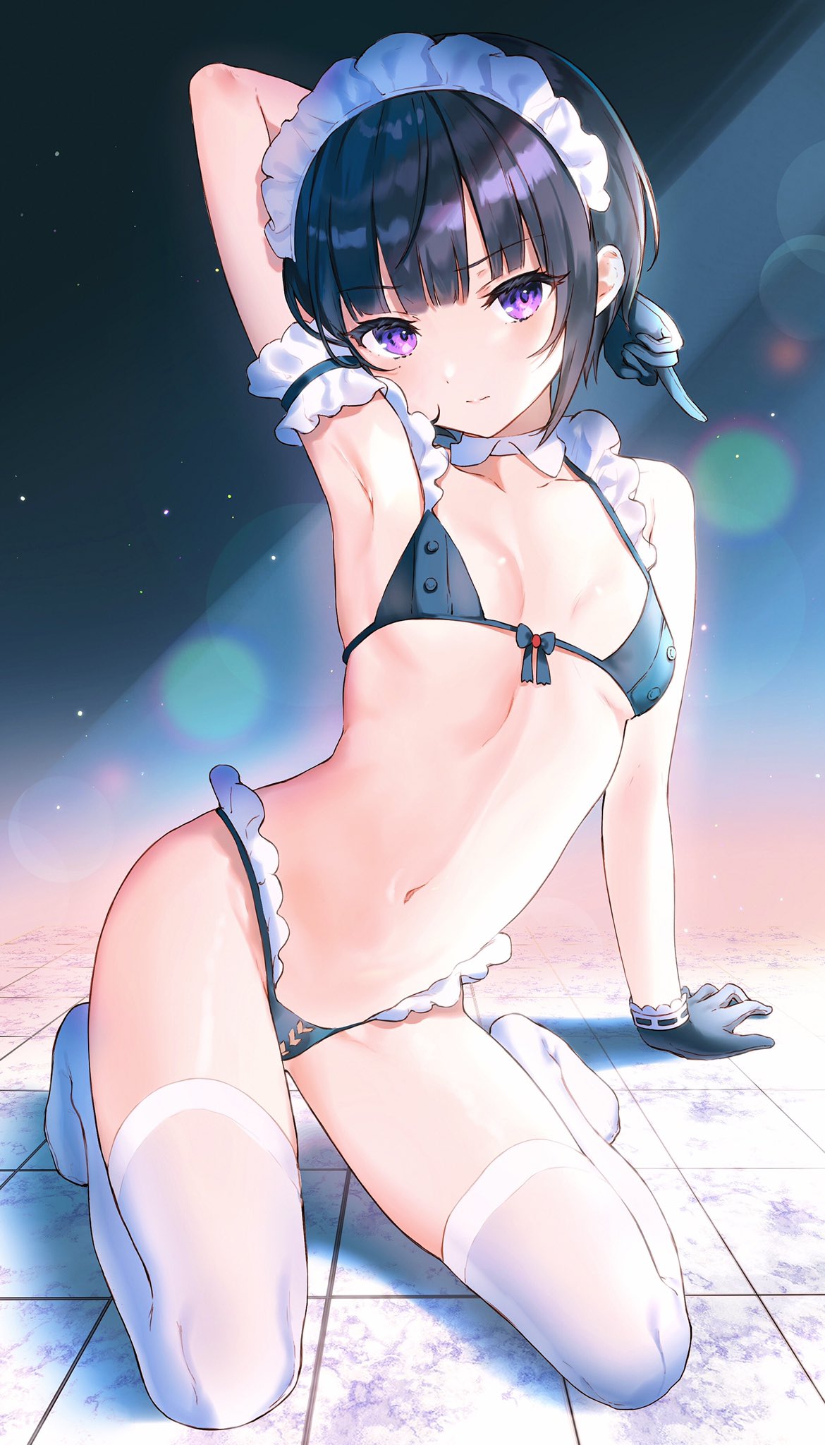 1girl, arm_behind_head, arm_garter, arm_support, armpits, bangs, bikini, black_bikini